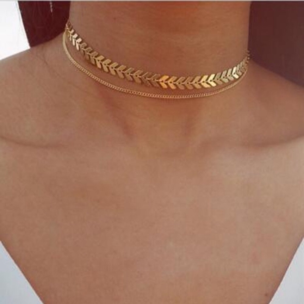 Gold two layer Gold Choker necklace chain - Picture 2 of 5